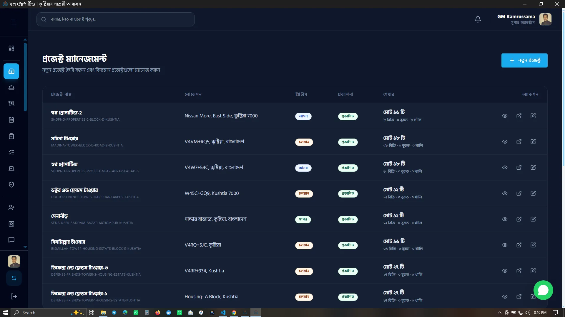Shopno Properties project management dashboard for property operations