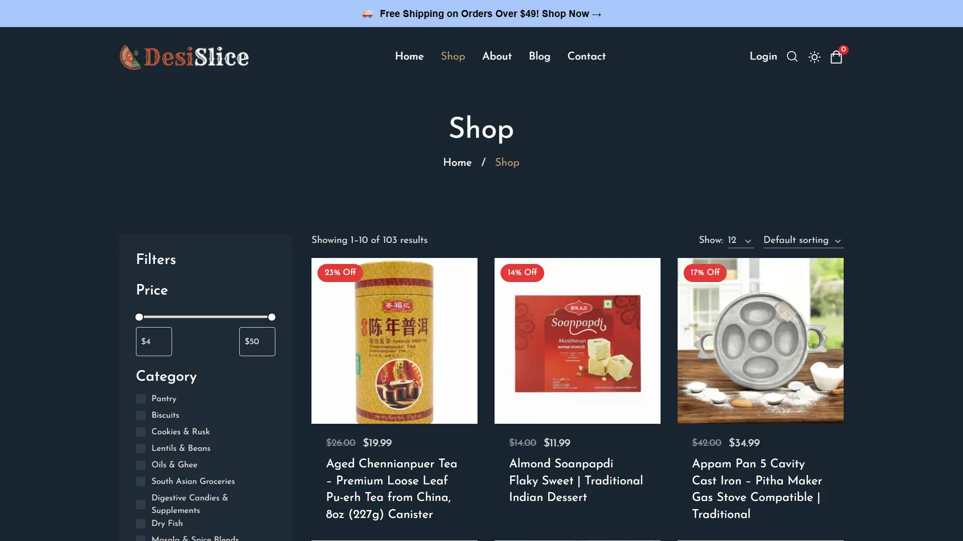 DesiSlice WooCommerce shop page with filters and product grid
