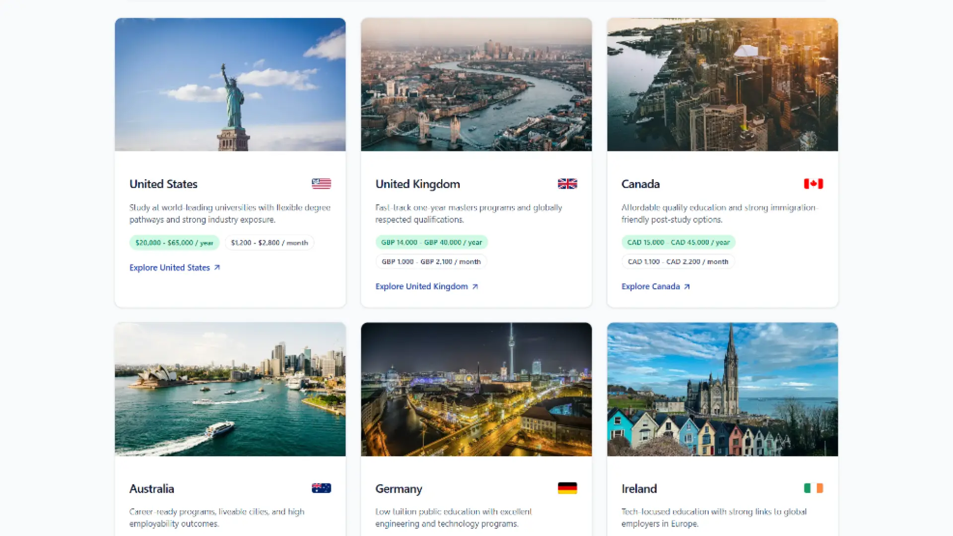 Edu Consultancy study destination cards and comparison-ready discovery