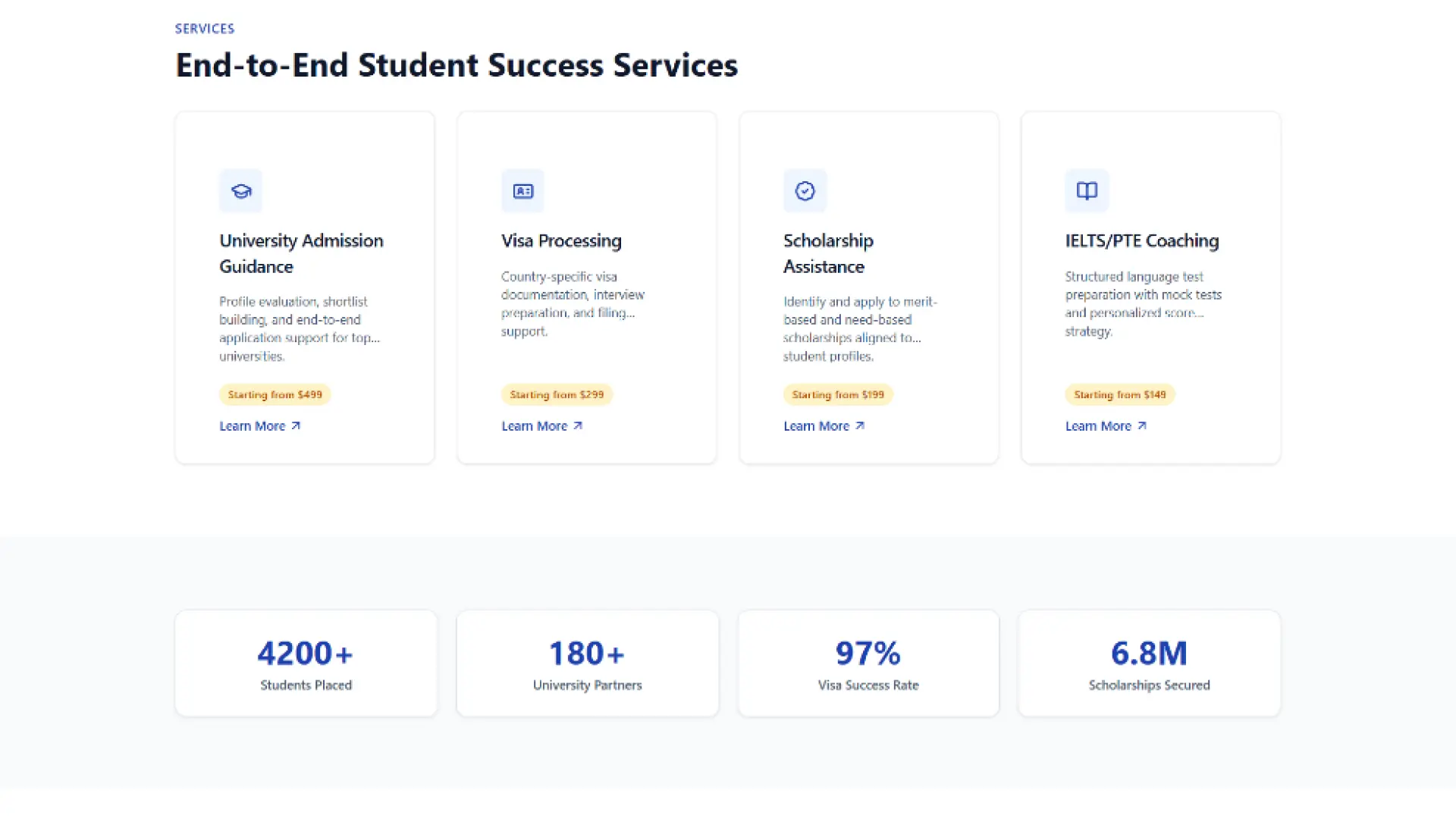 Edu Consultancy service cards and trust indicators