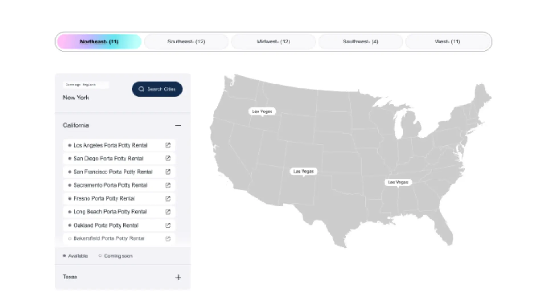 Optima Porta Porty state and city coverage interface